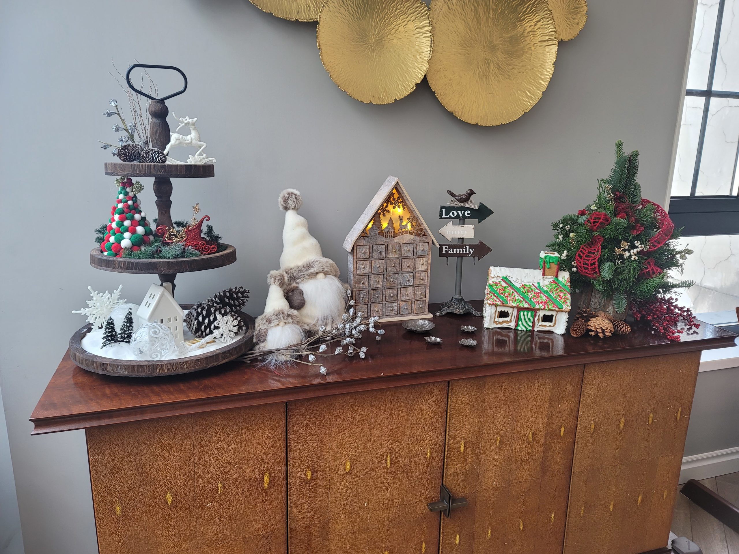 Festive Christmas decorations set-up on buffet